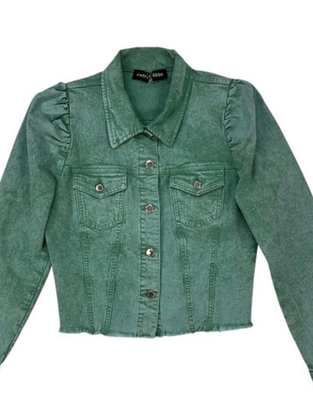 Retrofete Womens Rissa Mojito Green Denim Puff Sleeve Cropped Jean Jacket Sz L